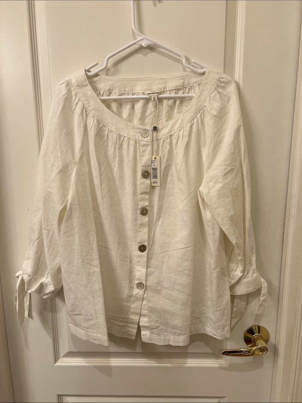 Max Studio White Button-Front Peasant Top